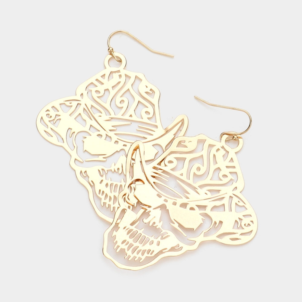 Gold Cut Out Skull Earrings Hat Metal Skeleton Accessories Dangle Filigree